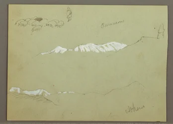 Kudde schapen en herder, besneeuwde bergketens